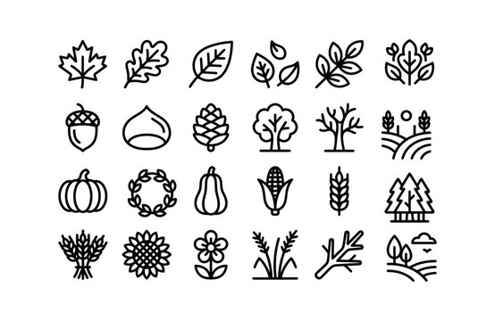 Autumn Foliage Line Icon Set For Fall Season Nature And Harvest Elements