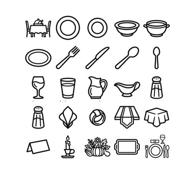Thanksgiving table setting icon set for dinnerware line vector