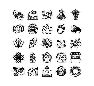 Autumn Harvest Line Icon Set For Thanksgiving Day And Farmers Market Vector