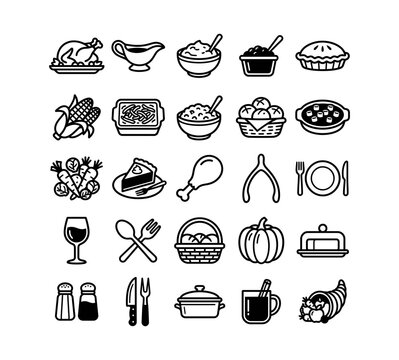 Thanksgiving dinner food icon set for autumn harvest feast vector