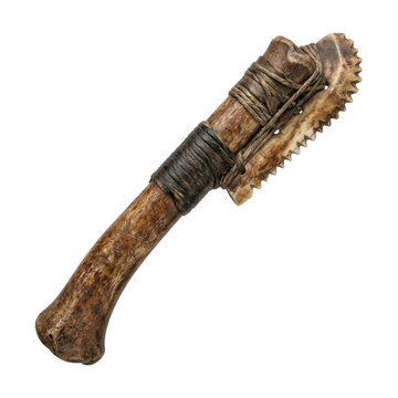 Isolated primitive stone age bone knife with serrated blade and leather binding.