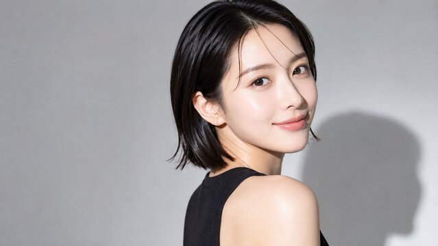 ライトグレーの背景にシャープな影を落としながら肩越しに振り返って微笑むショートボブの若い日本人女性、透明感のある美肌とモード感を表現した美容・スキンケア広告向けポートレート