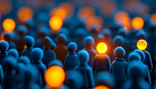 Abstract crowd of glowing figures with vibrant focal lights creating dynamic energy and unity