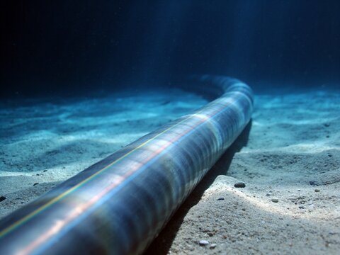 A long pipe with colored stripes lies on the sandy seabed under deep, clear blue underwater lighting.