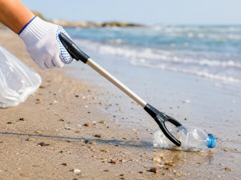 A person wearing a glove uses a trash picker tool to collect a plastic bottle from a sandy beach.