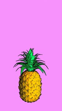 Seamless young vertical video of cartoon style pineapple with halftone cartoon effect isolated with copy space. Stop motion minimal fluor duotone comic style background