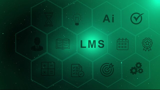 Digital learning management system lms interface with artificial intelligence integration and educational in a glowing hexagonal network grid for corporate training and online education platforms