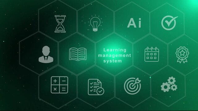 Abstract Green Hexagon Background with Learning Management System Text and Line Icons for E-learning Concept, AI Training, Business Development, Skill Tracking and Online Education Solution