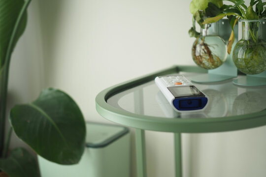 air condition remote on a green table with plants nearby