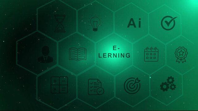 Professional Green Hexagon Background with e Learning Text and Education Icons for Digital Classroom, Online Course Management, AI Training, Skill Tracking and Innovative EdTech Solution