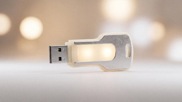 Key-shaped USB flash drive glows with warm internal lighting on a bright reflective surface.