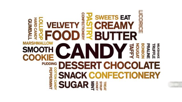 Candy animated word cloud-animation tag kinetic typography seamless loop.