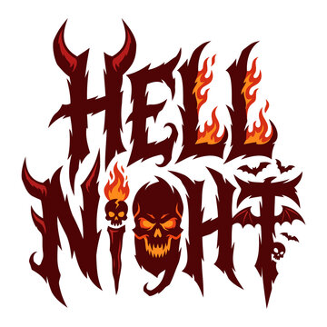 Hell night typography design with evil skull horns and fire flames vector illustration for tshirt print logo
