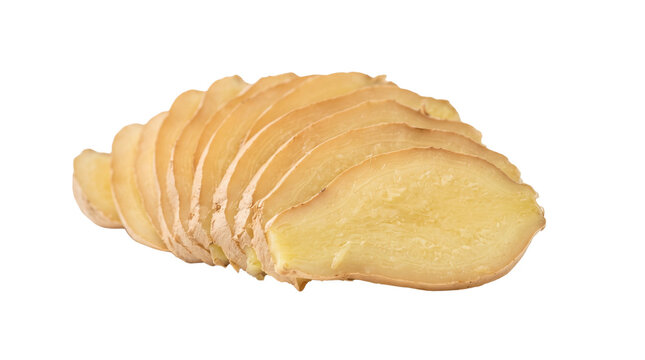 Fresh ginger slices isolated on white background. Sliced raw ginger root for cooking and herbal tea. Organic spicy ginger pieces.