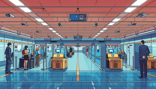 Customs clearance checkpoint hall inside a busy airport terminal features passengers waiting in lines while officers process travel documents at counters under bright neon lights.