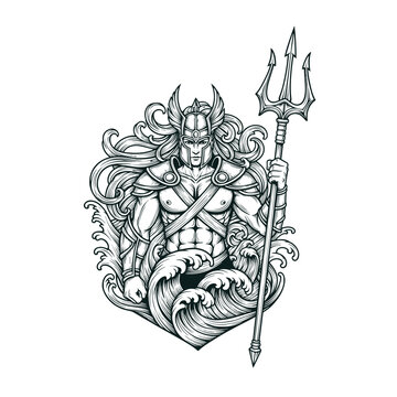 Intricate illustration of a sea god with trident and crown