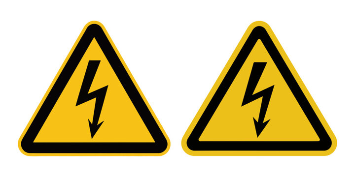 High voltage electrical warning sign design featuring sharp black lightning bolt inside triangle.