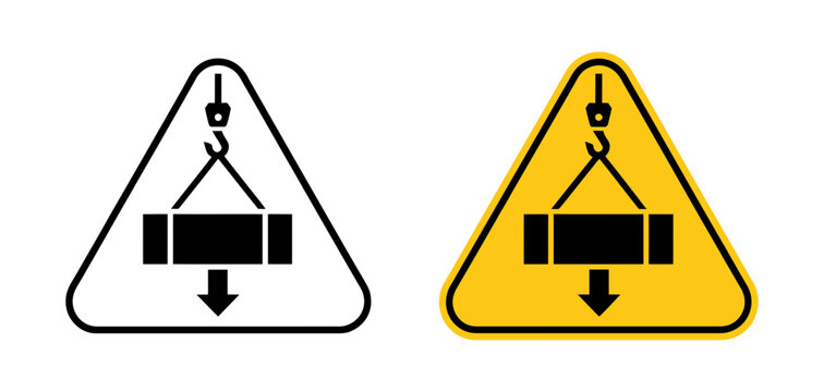 Overhead load warning sign set, suspended load symbols for crane lifting hazards industrial safety warehouse handling workplace protection vector