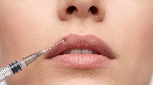 Close up view of syringe injecting lip filler into upper lip for cosmetic augmentation treatment.