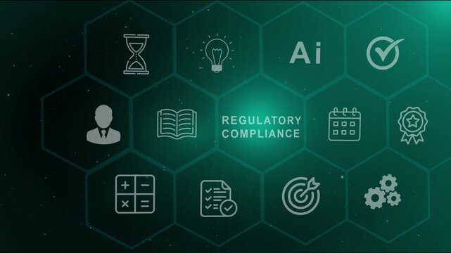 Regulatory compliance policy and legal governance shield on virtual screen with scale contract and padlock protection, corporate standard enforcement and data ethics
