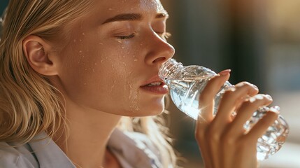 Fototapeta premium Thirsty woman with sweat on her face drinks water from a bottle.