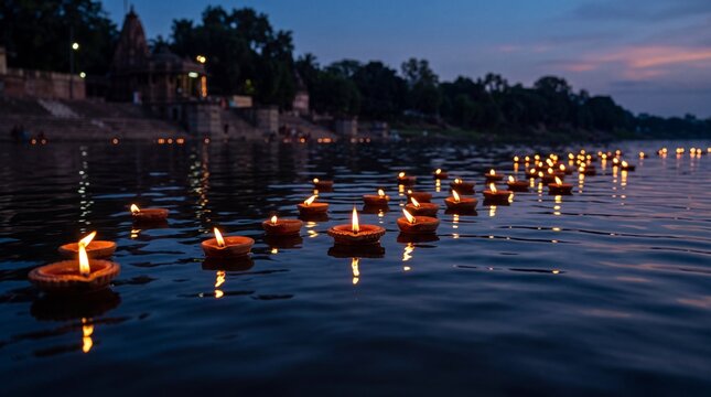 Traditional clay lamps floating on the river water at dusk during a religious festival in india