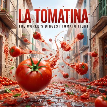 La tomatina festival poster featuring dynamic flying tomatoes in spanish street scene
