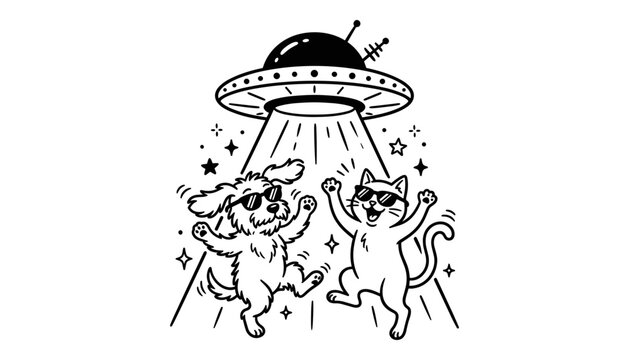 UFO Abduction Vector Illustration with Cute Cat and Dog Dancing under Alien Spaceship Light Beam for Cartoon TShirt Prints Comic Graphics and Creative Stickers