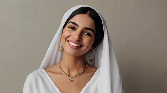 Smiling Woman in White Headscarf and Gold Jewelry Portrait, Adult Brunette Studio Expression