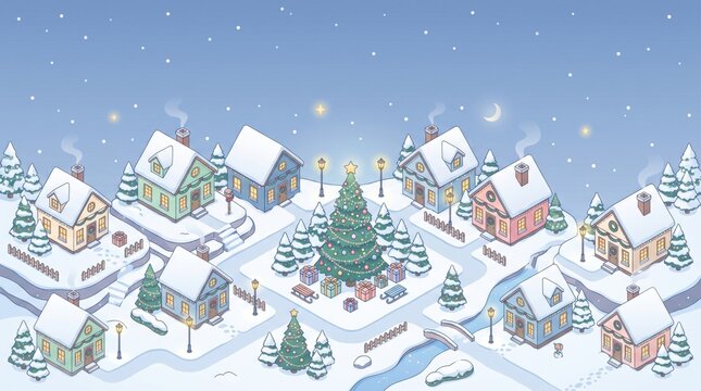 Snowy village surrounds a decorated Christmas tree in an isometric vector style.