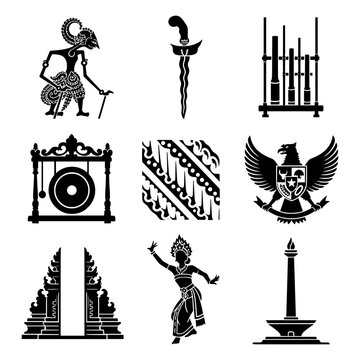  Indonesian Traditional Arts and Cultural Heritage Icon Set  Black and White Vector Symbols
