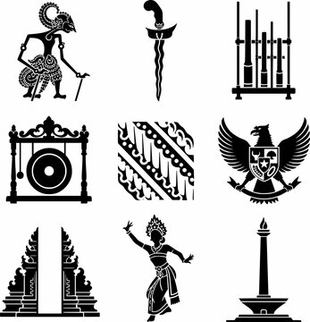  Indonesian Traditional Arts and Cultural Heritage Icon Set  Black and White Vector Symbols
