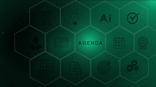 Business agenda and planning concept background with digital icons and hexagon grid for meeting schedule, time management, corporate strategy and organization process solutions.