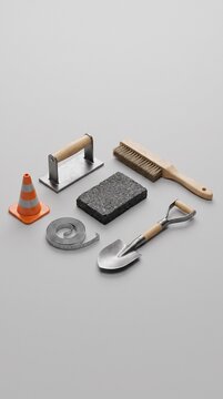 Set of isometric construction and road building tools on gray background