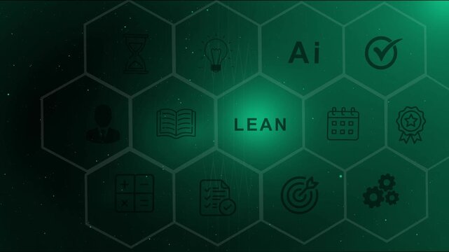 Lean management methodology concept with digital icons and hexagon grid for business process optimization, manufacturing efficiency, waste reduction and strategic growth solutions.