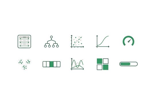 Set of green business data analytics icons for financial reporting and digital dashboard design