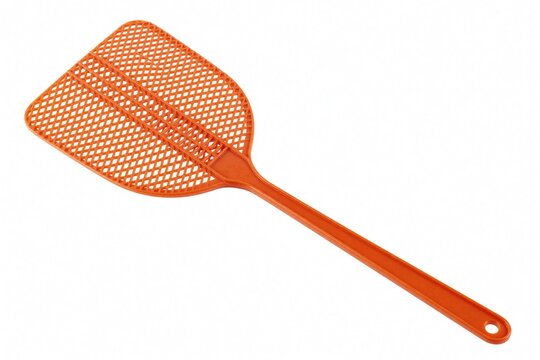 Orange plastic fly swatter isolated on white background. Simple household tool for pest control. Bright insect killer with long handle used to hit bugs. Useful cleaning object for home kitchen to