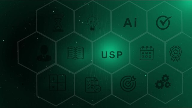 USP Unique Selling Proposition marketing strategy concept background with digital icons and green hexagon grid for competitive advantage, branding and business development solutions.