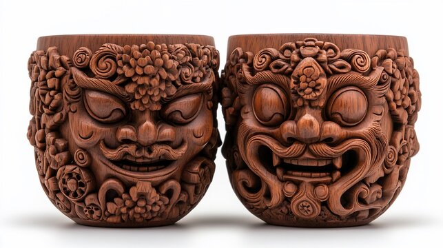 Carved wooden cups with intricate, symmetrical, ferocious facial designs