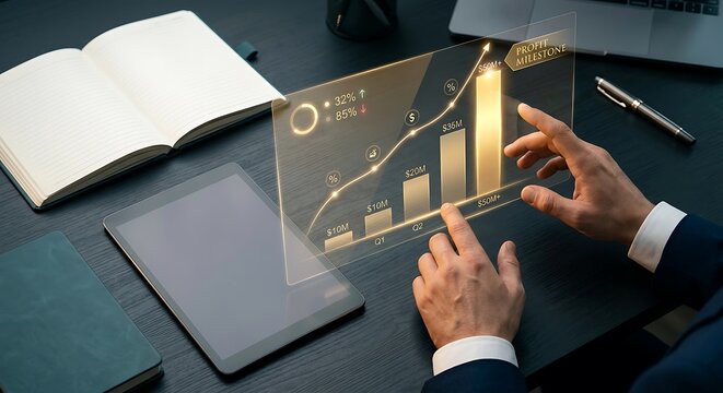 Business analyst using futuristic transparent tablet with financial growth chart and data analytics
