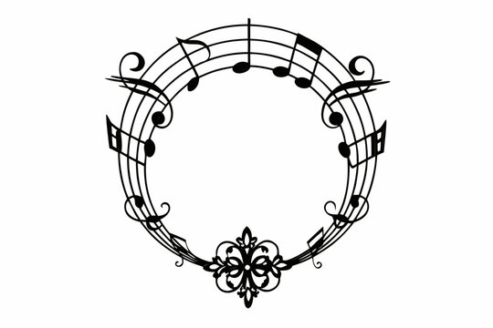 Elegant circular musical staff border featuring ornate filigree accents and various notes as a decorative vector graphic design art element