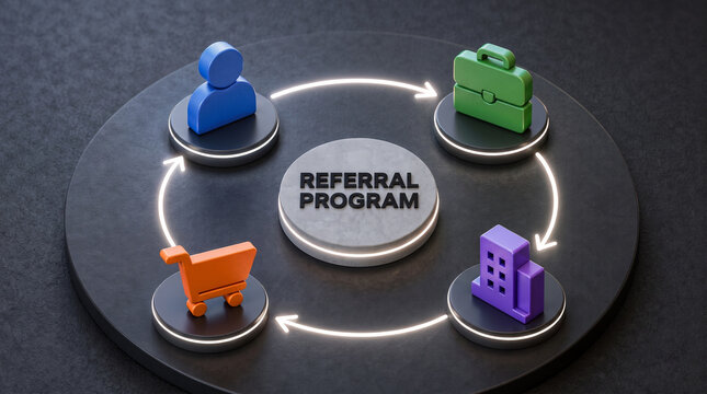 Conceptual 3D diagram of Referral Program cycle with luminous arrows and business icons