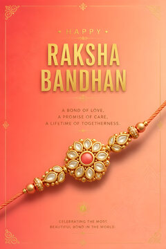 Raksha Bandhan celebration with kundan floral Rakhi, elegant gold typography and warm orange pink background in a premium greeting card design