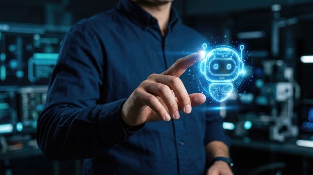 Man using AI chatbot technology. Businessman pointing at a glowing virtual assistant robot icon.