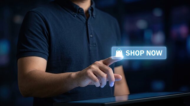 Man Finger Touching glowing SHOP NOW button on digital screen for online shopping