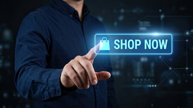Man's finger touching glowing "Shop Now" button with shopping bag icon on futuristic interface