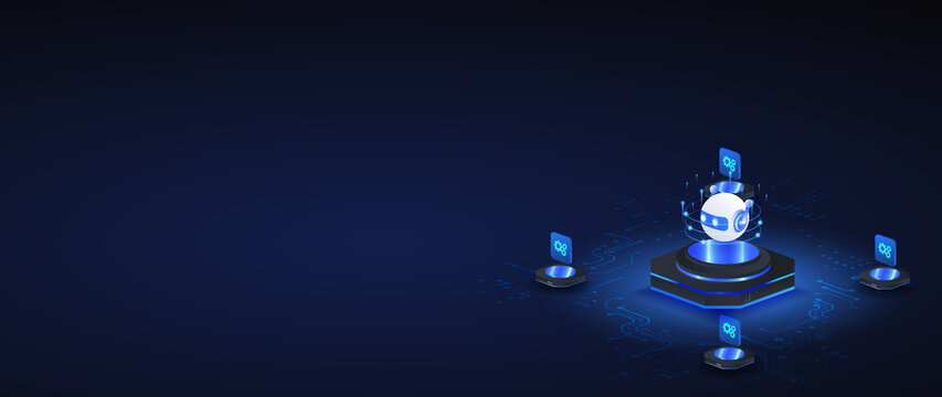 AI agentic automation isometric vector illustration. robot assistant dashboard automation system concept with coding and digital machine learning concept web banner.