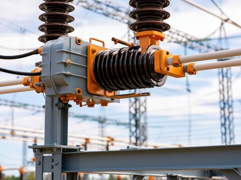 Close-up of a high-voltage electrical transformer with insulators and conductors, set against a backdrop of a clear sky and other power grid components.