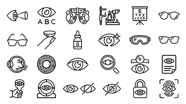 Ophthalmology and Optometry Editable Stroke Icons with Eye Test Vision Care and Security Symbols