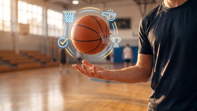 Basketball sport achievement concept, player holding ball with digital hoop, whistle, trophy and checkmark icons in glowing ring, team competition, training performance, coaching and championship